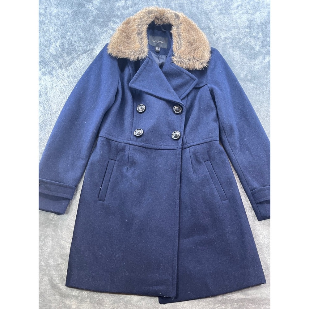 Banana Republic Navy Blue Wool Blend Faux Fur Collar Coat XS Petite 462897-00-1